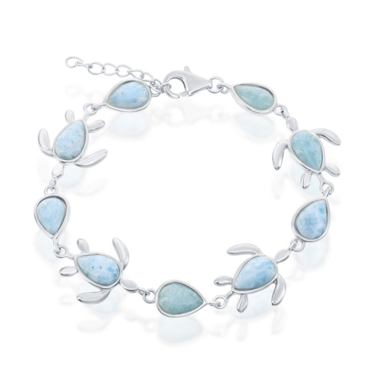 Sterling Silver Alternating Larimar Turtle and Pear-Shaped Bracelet