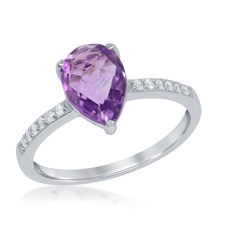 Sterling Silver Amethyst Teardrop with White Topaz Ring