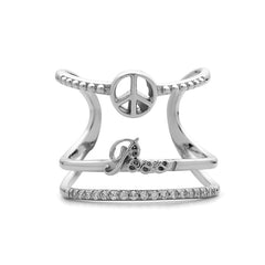 Sterling Silver Large Triple Row; CZ, "Peace", and Peace Sign Ring