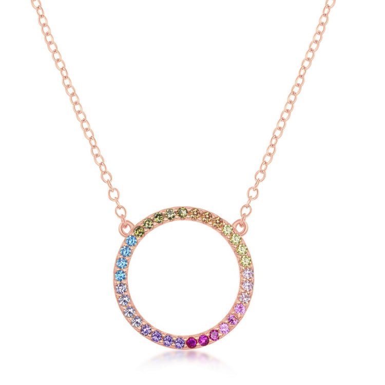Sterling Silver Rainbow CZ Circle of Life Necklace - Rose Gold Plated