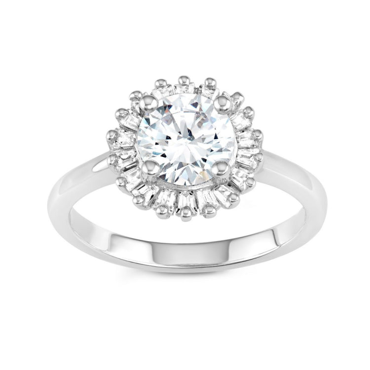 Sterling Silver Round CZ with Baguette Border Ring