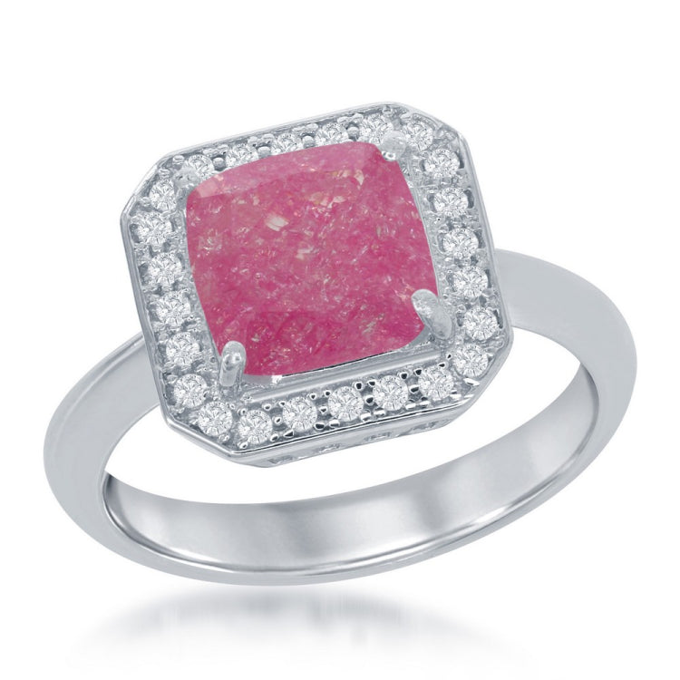 Sterling Silver Square Dark Pink Ice with CZ Border Ring