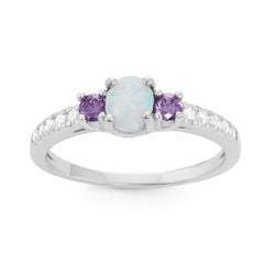 Sterling Silver White Inlay Opal Oval with Amethyst and Clear CZ Ring