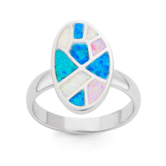 Sterling Silver White, Pink, and Blue Inlay Opal Mosaic Style Oval Ring