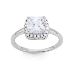 Sterling Silver Square CZ with Clear CZ Border Engagement Ring