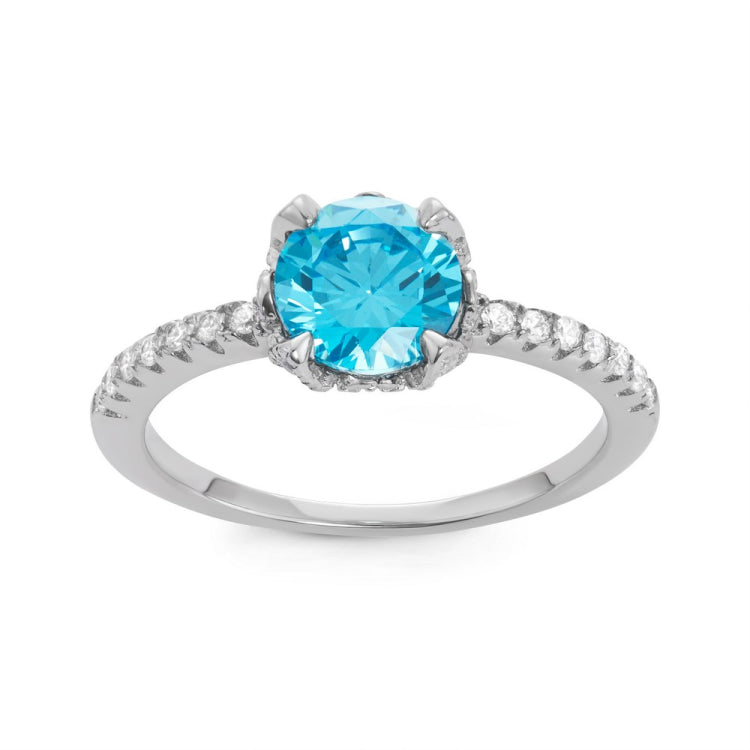 Sterling Silver CZ Band with Center Round Light Blue CZ Engagement Ring