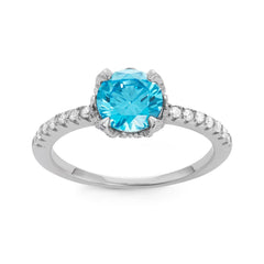 Sterling Silver CZ Band with Center Round Light Blue CZ Engagement Ring