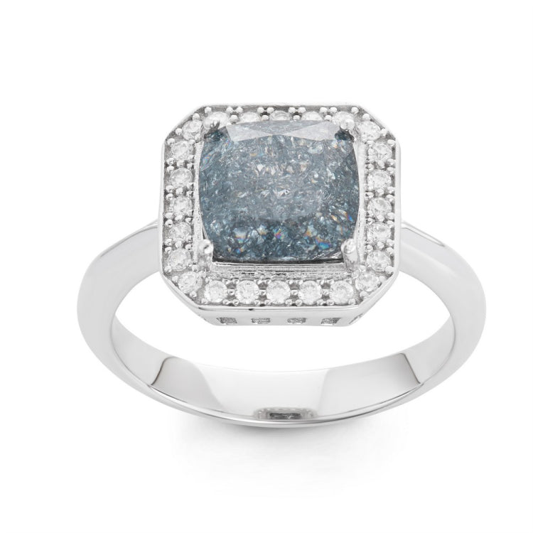 Sterling Silver Square Dark Gray Ice with CZ Border Ring