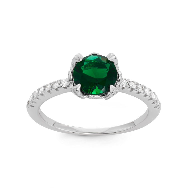 Sterling Silver CZ Band with Center Round Emerald Green CZ Engagement Ring