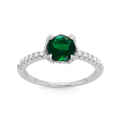 Sterling Silver CZ Band with Center Round Emerald Green CZ Engagement Ring