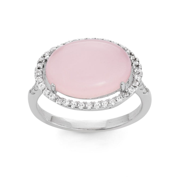 Sterling Silver Large Rose Quartz Glass Oval with CZ Border Ring