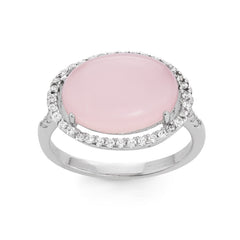 Sterling Silver Large Rose Quartz Glass Oval with CZ Border Ring