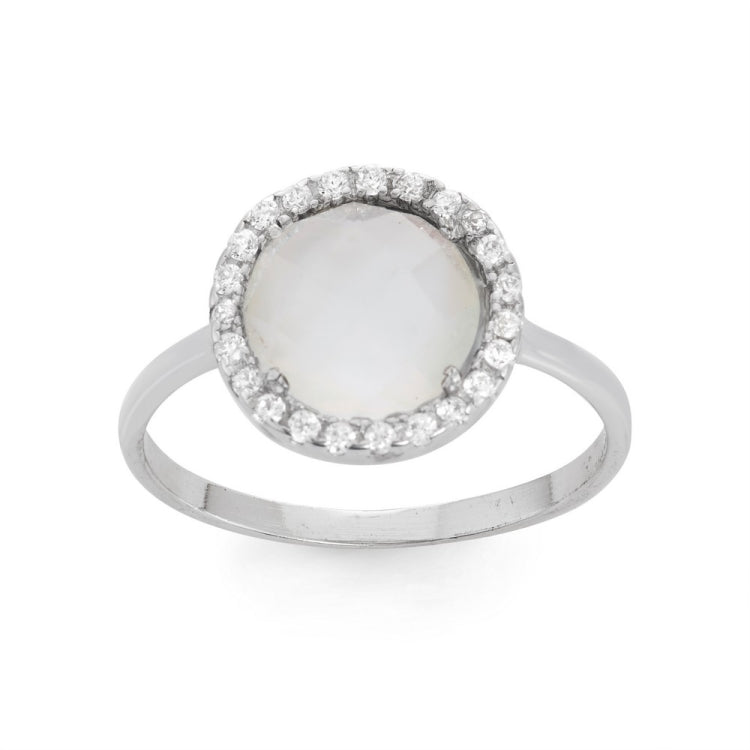 Sterling Silver Round Doublet MOP with CZ Border Ring