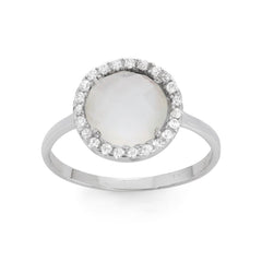Sterling Silver Round Doublet MOP with CZ Border Ring