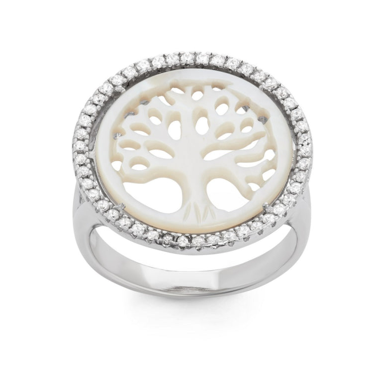 Sterling Silver Round Cut Out MOP Tree of LifeWith CZ Border Ring
