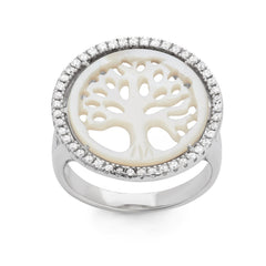 Sterling Silver Round Cut Out MOP Tree of LifeWith CZ Border Ring