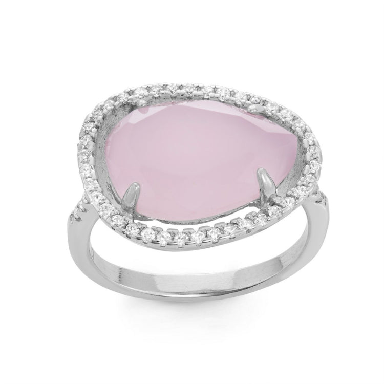 Sterling Silver Large Rose Quartz Glass Teardrop with CZ Border Ring