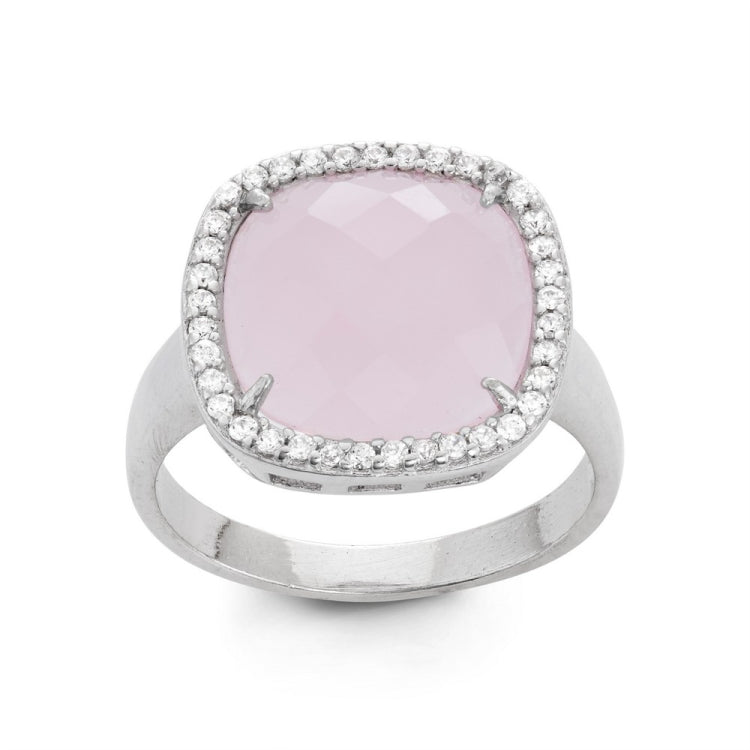 (SPECIAL ORD) Sterling Silver Large Rose Quartz Glass Square with CZ Border Ring