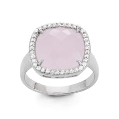 (SPECIAL ORD) Sterling Silver Large Rose Quartz Glass Square with CZ Border Ring