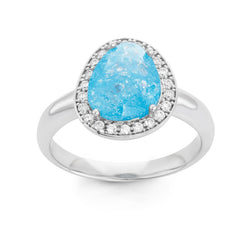 Sterling Silver Rounded Triangle Dark Blue Ice with CZ Border Ring