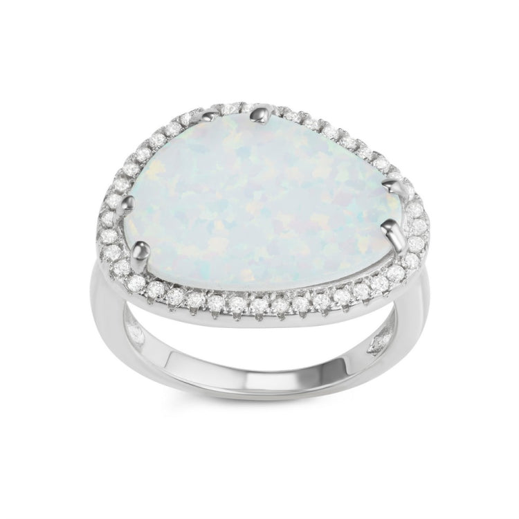 Sterling Silver White Inlay Opal Rounded Triangle with CZ Border Ring