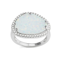 Sterling Silver White Inlay Opal Rounded Triangle with CZ Border Ring