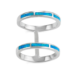 Sterling Silver Thin Blue Inlay Opal Wide Open Double Row Ring