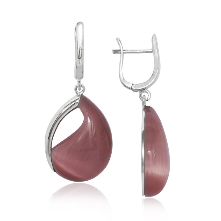 Sterling Silver Watermelon Red Cat's Eye Teardrop Earrings