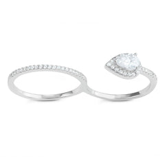 Sterling Silver CZ Band and Open Teardrop Engagment Double Finger Ring