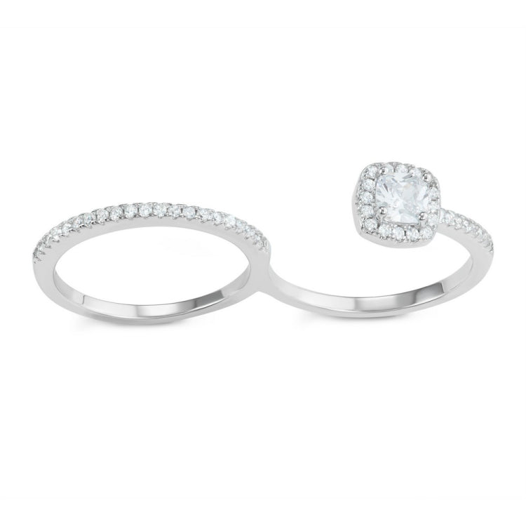 Sterling Silver CZ Band and Open Square Engagment Double Finger Ring
