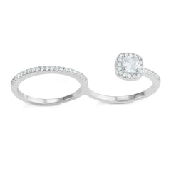 Sterling Silver CZ Band and Open Square Engagment Double Finger Ring