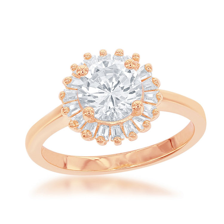 Sterling Silver Rose GP Round CZ with Baguette Border Ring