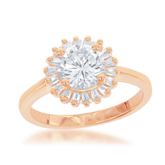 Sterling Silver Rose GP Round CZ with Baguette Border Ring