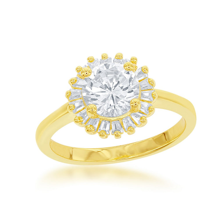 Sterling Silver GP Round CZ with Baguette Border Ring