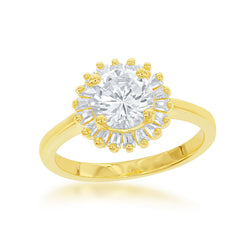 Sterling Silver GP Round CZ with Baguette Border Ring