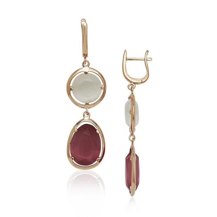 (SPECIAL ORD) Sterling Silver Rose-Plated Rose and White Cat’s Eye Earrings