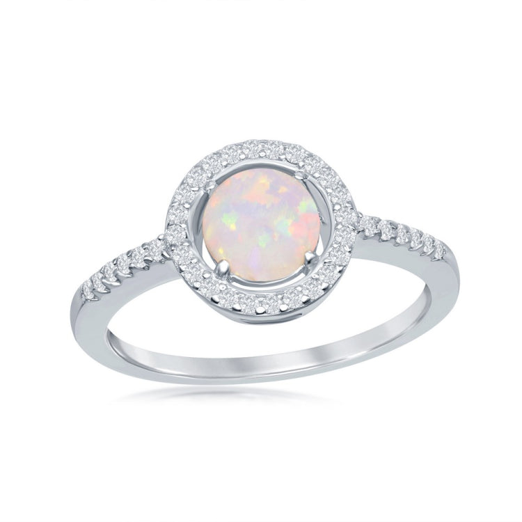 Sterling Silver Round White Opal with CZ Halo Ring