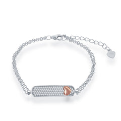Sterling Silver Double Strand Micro Pave with RG Heart ID Bracelet