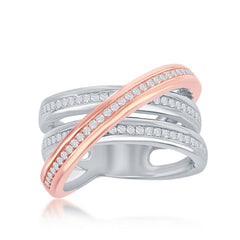 Sterling Silver Two-Tone Rose Gold Plated CZ 'X' Ring