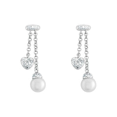 Sterling Silver CZ Bar with Dangling CZ Heart and  Pearl Earrings