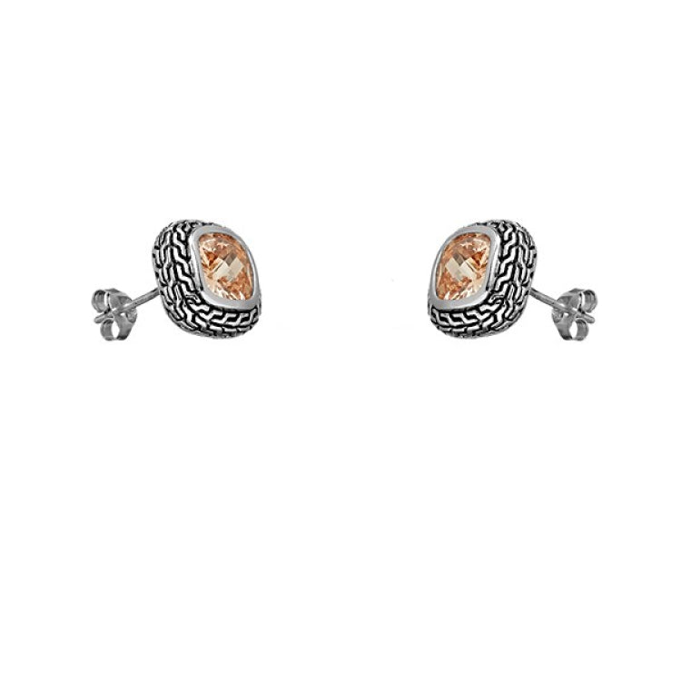 Sterling Silver Center Square Champagne CZ and Black Finish Earrings