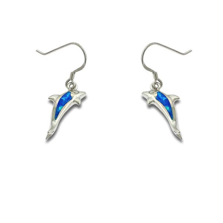 Sterling Silver Blue Inlay Opal Leaping Dolphin Earrings