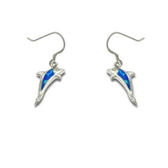 Sterling Silver Blue Inlay Opal Leaping Dolphin Earrings