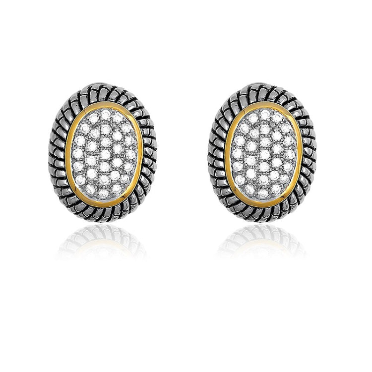 Sterling Silver Antique Look Oval w/ GP Line and Center CZs Earrings