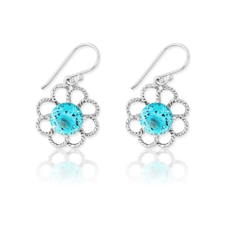 Sterling Silver Open Petal Flower with Center Round Blue Topaz Earrings
