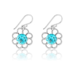 Sterling Silver Open Petal Flower with Center Round Blue Topaz Earrings