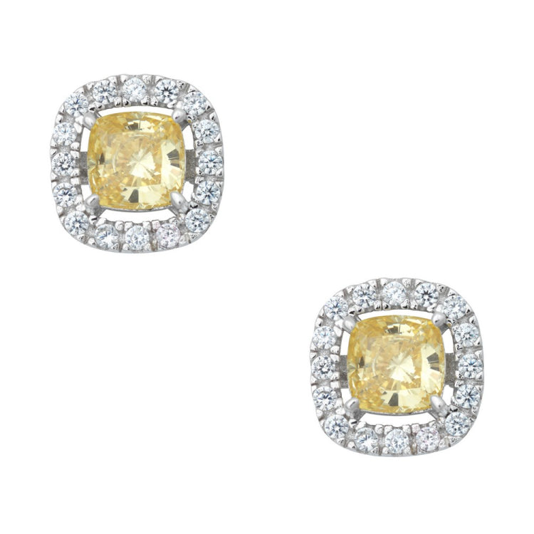 Sterling Silver Canary and White CZ Micro Pave Square Stud Earrings