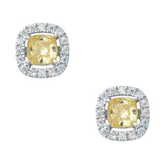 Sterling Silver Canary and White CZ Micro Pave Square Stud Earrings