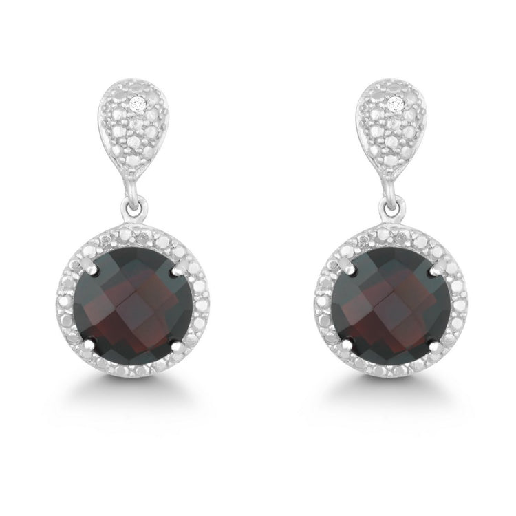 Sterling Silver Diamond and Round 9mm Garnet Earring