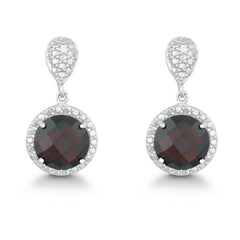 Sterling Silver Diamond and Round 9mm Garnet Earring